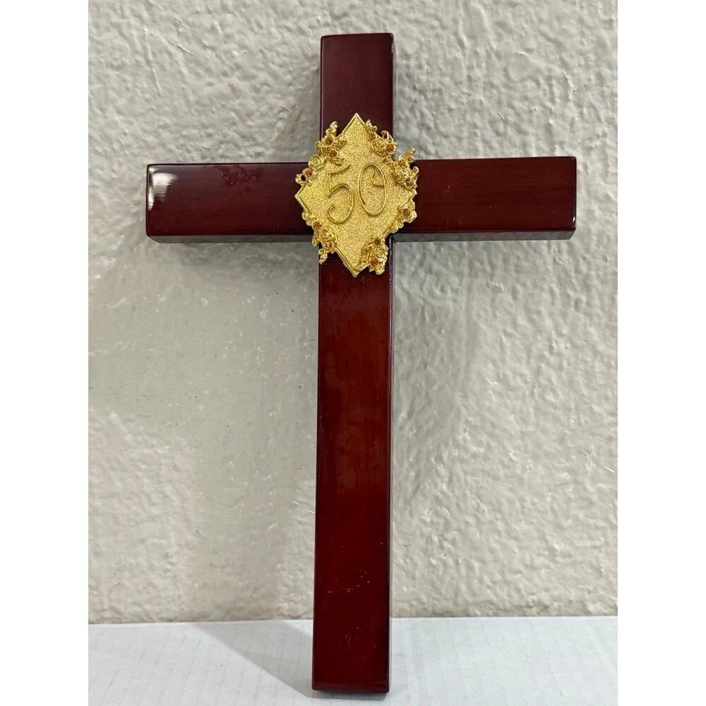 Vintage 50th Anniversary Wall Cross Gold Roses Burgundy Wood Religious Decor